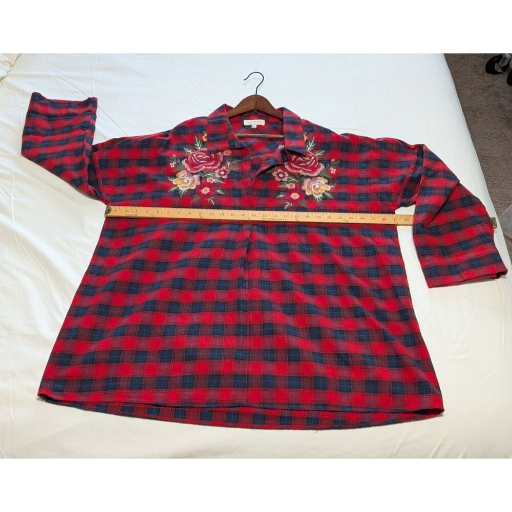 Umgee Womens 2XL Red Black Plaid Button-Down Shirt Floral Embroidery Long Sleeve - Picture 7 of 12